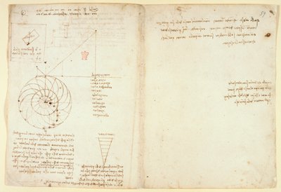 Arundel 263 f.44v, f.59 En skitse af et øje og en næse af et ansigt i profil; noter om vand, fra 