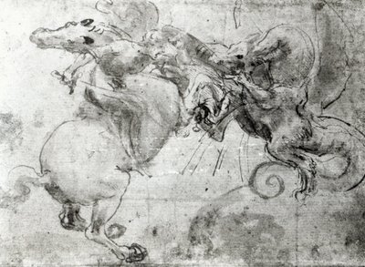 Kamp mellem en rytter og en drage, ca. 1482 (tegning med stylus, pen og pensel på papir) af Leonardo da Vinci