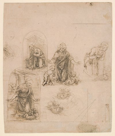 Kompositionsskitser til Jomfruen, der tilbeder Kristusbarnet, 1480-85 (sølvspids) af Leonardo da Vinci