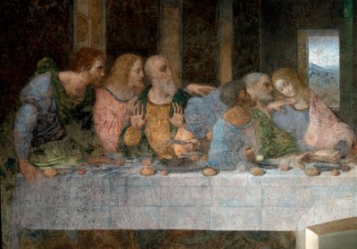 Detalje af den sidste nadver repræsenterende fra venstre mod højre Skt. Barthelemy, Jakob, søn af Alpheus, Andreas, Judas, Peter og Johannes. 1495 - 1498. Fresco af Leonardo da Vinci. Refektoriet Santa Maria delle gra af Leonardo da Vinci