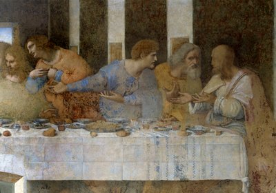 Detalje af Nadveren (Il Cenacolo (Sidste Nadver)), der fra venstre mod højre repræsenterer apostlene Thomas, Jakob den store, Filip, Matthæus, Judas Thaddee og Simon Zeloten. 1495 - 1498. Fresco af Leonardo da Vinci. Refectory of St. Mary