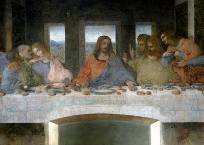 Detalje af Cene (Il Cenacolo (Ultima Cena)) repræsenterende til venstre apolerne Judas, Peter og Johannes, Kristus i midten og apolerne Thomas, Jakob den store og Filip. Bogstavet V mellem Johannes og Kristus ville referere til gralens bæger eller th af Leonardo da Vinci