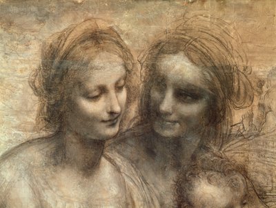 Detalje af Jomfruens og St. Annes Hoveder, fra Jomfruen og Barnet med SS. Anne og Johannes Døberen, ca. 1499 (kul og hvidt kridt på papir, monteret på lærred) af Leonardo da Vinci