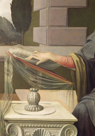 Detalje af Jomfru Maria, fra bebudelsen, 1472-75 olie på panel efter restaurering af Leonardo da Vinci