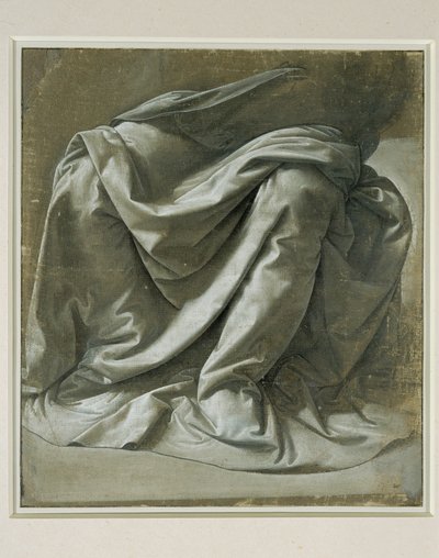 Draperi til en siddende figur, pensel og grå tempera, hvide highlights på gråt præpareret hørlærred ... af Leonardo da Vinci