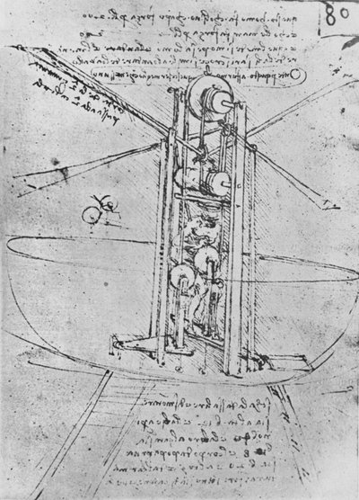 Tegning af en flyvende maskine med en mand, der betjener den, c1480 1945 af Leonardo da Vinci