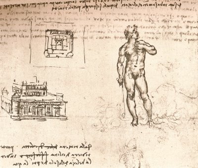 Tegning af planer for et slot og af en nøgen figur, vasket med indisk blæk, c1472-c1519 1883 af Leonardo da Vinci