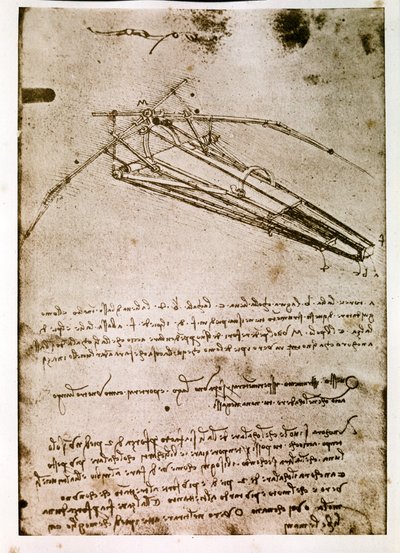 Uddrag af et Da Vinci-manuskript, der beskriver princippet og konstruktionen af en "flyvende maskine" (manuskript) af Leonardo da Vinci