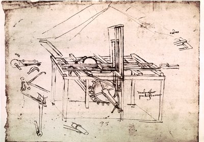 Uddrag af et Da Vinci-manuskript, der beskriver princippet og konstruktionen af en "hydraulisk sav med automatisk fremføring" (manuskript) af Leonardo da Vinci