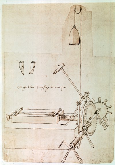 Uddrag af et Da Vinci-manuskript, der beskriver princippet og konstruktionen af en "maskine til indrykning af filer" (manuskript) af Leonardo da Vinci