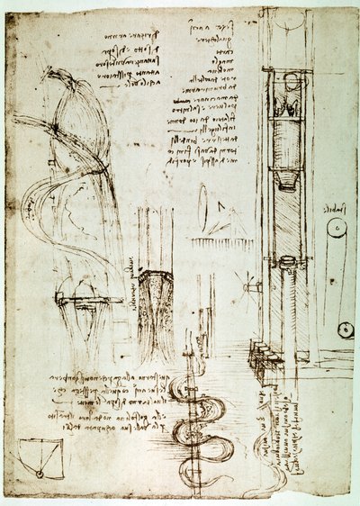 Uddrag af et Da Vinci-manuskript, der beskriver princippet og konstruktionen af en "Pile Drive (Pile Mallet)" (manuskript) af Leonardo da Vinci