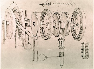 Uddrag af et Da Vinci-manuskript, der beskriver princippet og konstruktionen af "Transformation of Alternate Motion into Continuous Motion" (manuskript) af Leonardo da Vinci