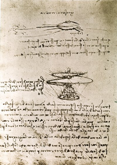 Uddrag af et Da Vinci-manuskript, der beskriver princippet og konstruktionen af "Aerial Screw (Helicopter)" (manuskript) af Leonardo da Vinci
