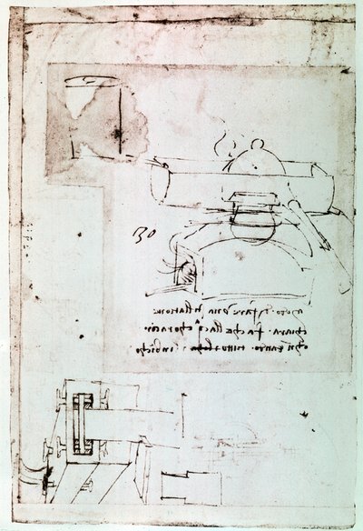 Uddrag af et Da Vinci-manuskript, der beskriver princippet og konstruktionen af en "Destillator med kontinuerlig køling" (manuskript) af Leonardo da Vinci
