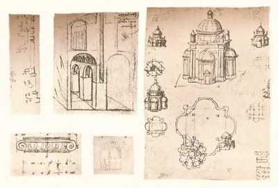 Fem arkitektoniske tegninger, c1472-c1519 1883 af Leonardo da Vinci