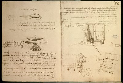 Flyvende maskiner, en af de første tegninger af en helikopterlignende flyvemaskine, ca. 1487 af Leonardo da Vinci