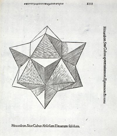 Hexaedron abscisum elevatum solidum, illustration fra "Divina Proportione" af Luca Pacioli (ca. 1445-1517), oprindeligt udgivet. Venedig, 1509 af Leonardo da Vinci