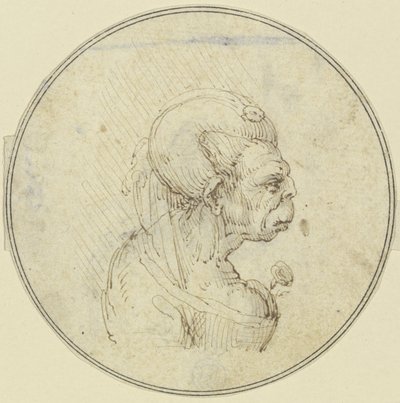 Karikatur af en ældre kvinde, brystbillede med en rose i brystet, set i profil mod højre af Leonardo da Vinci