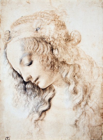 Leonardo da Vinci (Leonardo da Vinci) (1452 - 1519): Portræt af en pige med lukkede øjne og hovedet nedad med håret prydet med et bånd beriget med smykker (Immagina) af Leonardo da Vinci