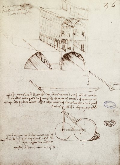 Manuskript B, f 36 r Arkitektstudier, udvikling og dele af bygninger i by med hævede gader (pen og blæk på papir) af Leonardo da Vinci
