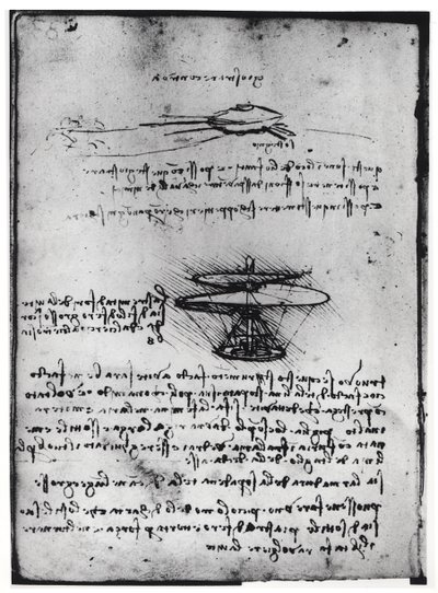 Paris Manuskript B, fol. 83v: Side med tekst og skitser til en flyvemaskine, 1488-90 (pen og blæk på papir) af Leonardo da Vinci