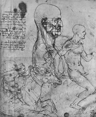 Profil af en mand i kvadrat for proportion og studier af ryttere, c1480 1945 af Leonardo da Vinci