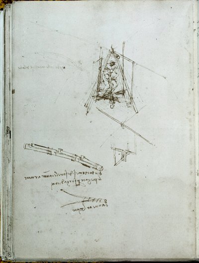 Videnskab og teknologi: manuskript om flyvende maskiner, helikopter-forfader. Bogen af Leonardo da Vinci (Leonardo da Vinci) (1452-1519). Omkring 1487. Paris, Institut de Frances bibliotek af Leonardo da Vinci
