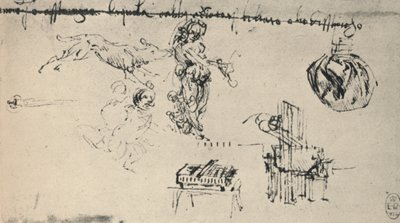 Ark med studier med en ung kvinde, en ulv, etc., c1480 1945 af Leonardo da Vinci