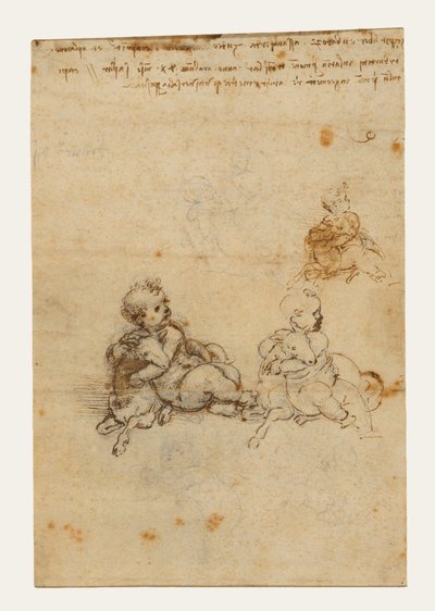 Studier til »Kristusbarnet med et lam« (forsiden); »Hovedet af en gammel mand« og »Studier af maskiner« (bagsiden) af Leonardo da Vinci