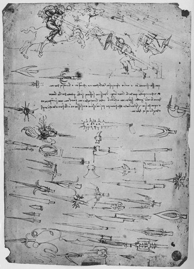 Studier af fodsoldater, der angriber ryttere med lanser til hvilke skjolde, c1480, 1945 af Leonardo da Vinci