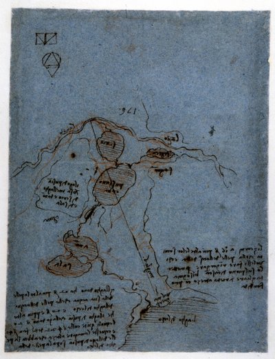 Undersøgelse om udnyttelsen af vandkraft i hydrauliske maskiner (noria) af Leonard de Vinci (Leonardo da Vinci) (1452 - 1519). Tegning med pen og blæk. af Leonardo da Vinci