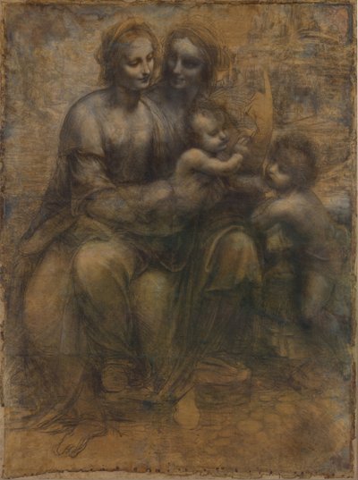 Jomfruen og barnet med Sankt Anna og Sankt Johannes Døberen, ca. 1500 (kul og kridt på papir) ( af Leonardo da Vinci