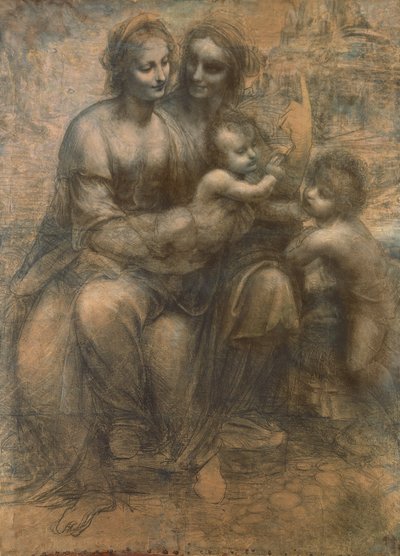 Jomfruen og barnet med Sankt Anne og spædbarnet Sankt Johannes Døberen, ca. 1499-1500 (kul forhøjet med hvidt kridt på papir, monteret på lærred) af Leonardo da Vinci