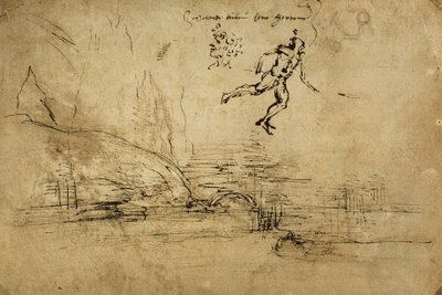 Bagsiden af ​​en landskabstegning med figuren af ​​en soldat: pentegning af Leonardo da Vinci. Kabinet for tegninger og tryk, Uffizi Gallery, Firenze af Leonardo da Vinci