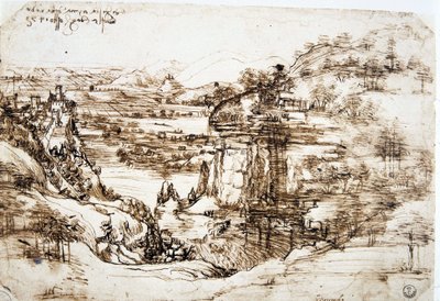Den første kendte tegning af Leonard de Vinci (Leonardo da Vinci) (1452-1519), "" Landskab af Santa Maria della Neve"": landskabet i dalen Arno, nær Firenze. af Leonardo da Vinci