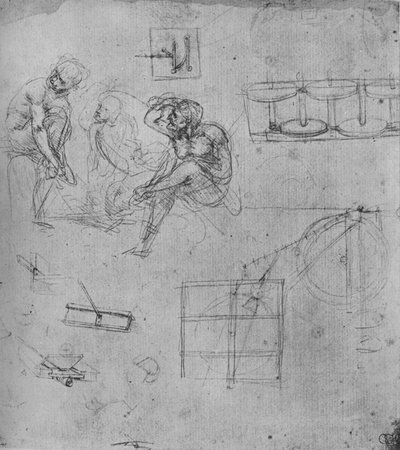 Tre siddende figurer og undersøgelser af maskiner, 1480-1481 1945 af Leonardo da Vinci