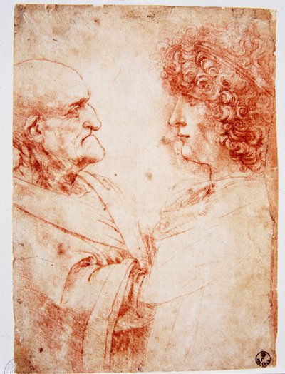 To mandsprofiler, en gammel mand og en ung mand. Den unge mand repræsenterer Gian Giacomo Caprotti, kendt som Andrea Salai eller Salaij (cirka 1480-1524), Leonards elev og elsker. Tegning a la sanguine af Leonardo da Vinci (Leonard de Vinci) (1452-1519) Fi af Leonardo da Vinci