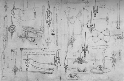 Forskellige angrebs- og forsvarsvåben, c1480 1945 af Leonardo da Vinci