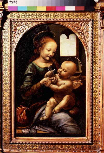 Jomfru og barn med blomst eller Madonna Benois (Madonna med en blomst eller Madonna Benois). Maleri af Leonardo da Vinci (Leonardo da Vinci af Leonardo da Vinci