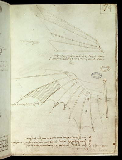 Vinge. Flyvende maskine tegning. Manuskript af Leonard De Vinci (Leonardo da Vinci af Leonardo da Vinci