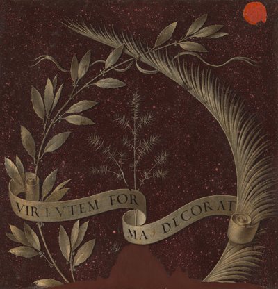 Laurbærkrans, palme og enebær med en rulle indskrevet Virtutem Forma Decorat [omvendt], ca. 147 af Leonardo da Vinci