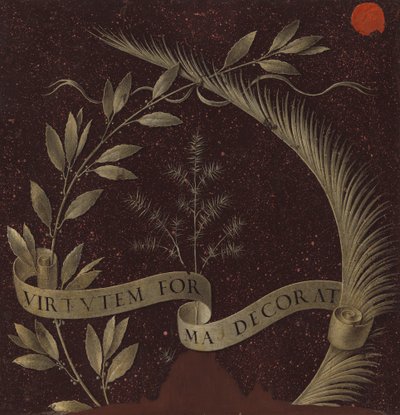 Krans af laurbær, palme og enebær med en rulle indskrevet Virtutem Forma Decorat, ca. 1474-78 (tempera på panel) af Leonardo da Vinci