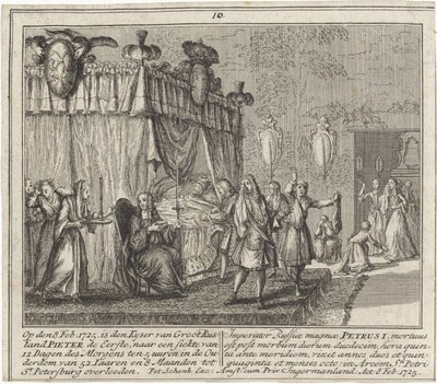 La mort de Pierre I le Grand, le 8 feb 1725 - Peter den Stores død den 8. februar 1725 af Schenk, Leonard (1696-1767). Kobberstik af Leonardus Schenk