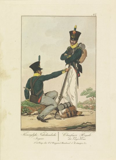 To jægere, 1814-1818 Koninglyke Nederlandsche Jagers / Chasseurs Royale des Pays-Bas (titel på objekt) Syv uniformsforestillinger 1814-1818 (serietitel) af Leonardus Schweickhardt