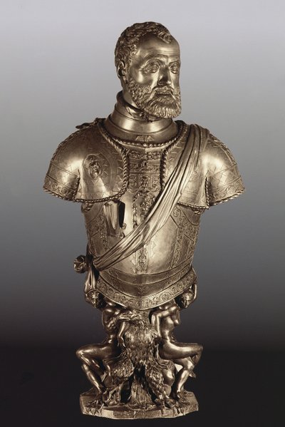 Portrætbuste af den hellige romerske kejser Karl V (1500-58) (bronze) af Leone Leoni