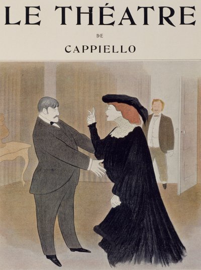 Skuespillerne Lucien Quitry og Jane Harding i scene fra La Chatelaine, opført på Renaissance Theatre i Paris, tegning af Leonetto Cappiello (1875-1942), titelblad til tidsskriftet Theatre, april 1903 af Leonetto Cappiello