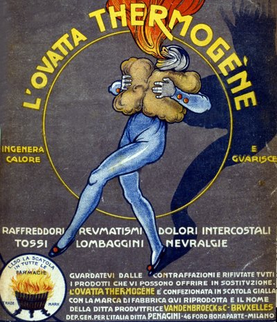 Annonce for termogen bomuldsuld, der kurerer forkølelse, indre smerter, gigt, hoste, neuralgi og lænde. Tegning af L. Cappiello (1875 - 1942) Italien, 20. århundrede. af Leonetto Cappiello