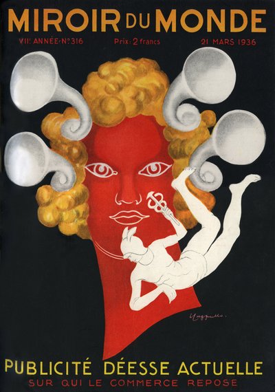 Allegori om reklamen "" Nuværende gudinde, på hvem handel hviler"", med Mercury, gud for rejsende og handel. Forside af magasinet Mirror du monde nr. 316, 21. marts af Leonetto Cappiello