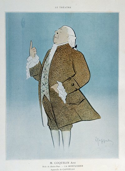 Komiker Constant Poppy Groin (1841-1909) i rollen som Saint Phar i Rejanes "La Montansier" i 1904. Akvarel af Leonetto Cappiello (1875-1942) Paris. Dekorativ kunst af Leonetto Cappiello