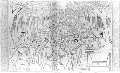 Scene, Music Hall og Opera stjerner fra Belle Epoque-æraen, kører i Bois de Boulogne, Avenue des Acacias, Paris, humoristisk karikatur fra 